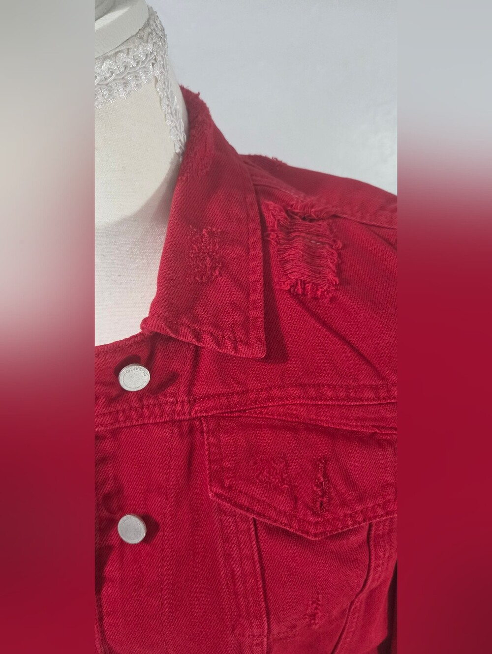 BLANKNYC Denim Jacket M Red Cropped Distressed Puff Sleeve Edgy Grunge Rocker - Picture 14 of 15